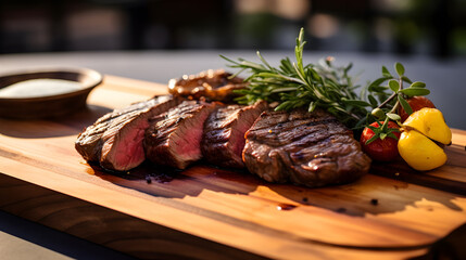 Delicious Savory Steak Feast on a Wooden Plate