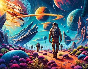 Grupo de astronautas en un planeta desconocido