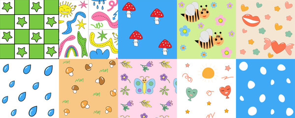 Set of cartoon seamless patterns. Fun simple bright backgrounds templates. Vector illustration.