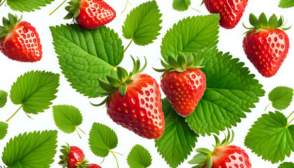 Strawberry fruit with green leaves in a set composition of food photography