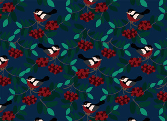 Vector bullfinch on a branch with berries. Pattern for printing and textiles. 