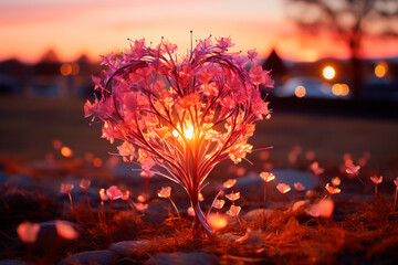 Corazón hecho de pétalos de rosa  para San Valentín ,  en un suelo repleto de más pétalos en un atardecer