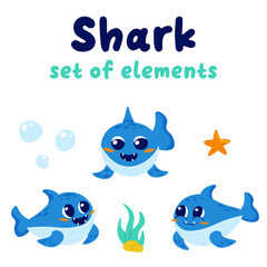Set of cute shark character clipart elements