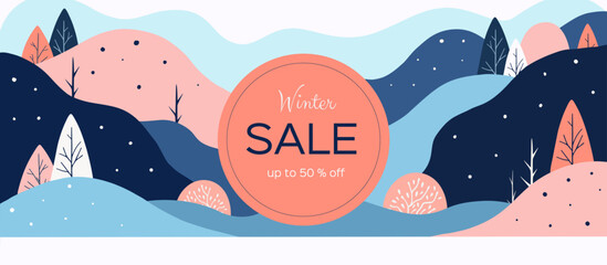 Winter sale product banner, flat style, bright and rich colors. Mountains and peaks with trees and place for text. Excellent banner and poster for distribution, mailing and sales discounts. - obrazy, fototapety, plakaty