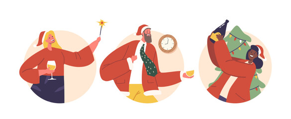 Isolated Round Icons or Avatars of Colleagues Celebrate Corporate Christmas Party. People Gathered, Having Fun