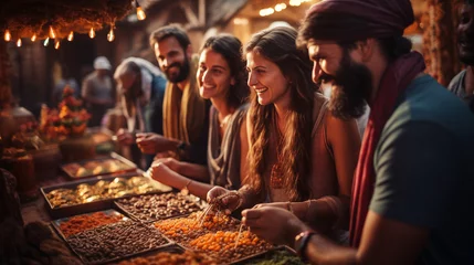 Fotobehang Photo of a company of young tourists of different races and nationalities are happy to taste the traditional Indian sweets in the Outdoor Indian Market © mikhailberkut