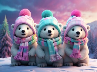 Baby polar bear pastel colored clothes. AI generated