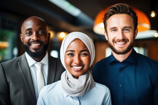 Discover the cohesive and motivated dynamics of this multicultural business team, where diverse talents unite for success. Their inclusive and driven approach creates a vibrant workspace