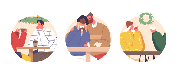 Isolated Round Icons or Avatars of Romantic Couple Characters In A Cozy Christmas Cafe, Share Warm Moments