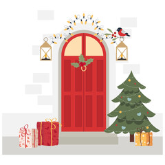 Merry Christmas and Happy New Year. Vector illustration of a winter red front door with decoration, Christmas tree, and gifts. Home decoration, design in simple flat style.