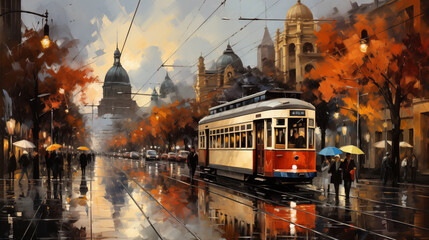 Rainy Tram Street Painting