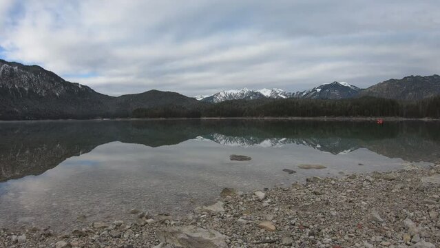 Landscape of Eibsee Lake in front of Zugspitze summit, Garmisch-Partenkirchen, Bavarian alps, Germany, Europe.