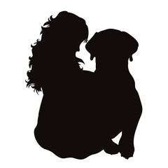 Vector silhouettes of girl with her dog on white background. Symbol of pet and canine.