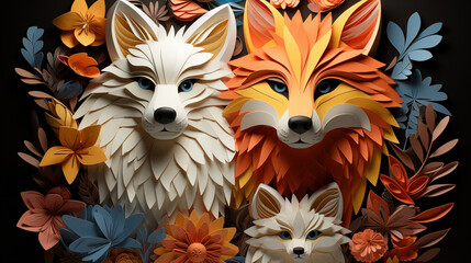 Three Paper Foxes with Flowers on a Black Background: A Photo of Paper Sculptures in Different Colors and Sizes