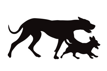 Vector silhouette of couple of dogs on white background. Symbol of pet and friendship.