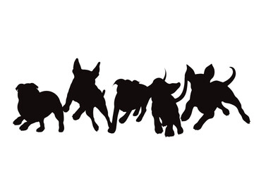 Vector silhouette of group of dogs on white background. Symbol of pet and friendship.