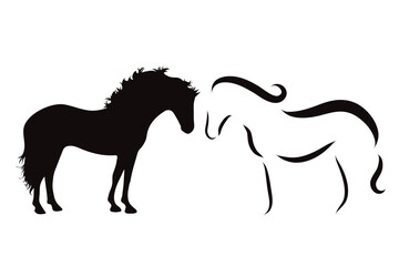 Couple of vector illustrations of horse on white background. Symbol of farm and breeding.