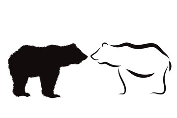 Couple of vector illustrations of bear on white background. Symbol of predator and wild.