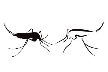 Couple of vector illustrations of mosquito on white background. Symbol of insect and parasite.