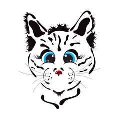Vector illustration of cartoon kitty with blue eyes on white background. Symbol of pet animal.