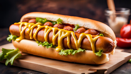 Tasty hot dog in a set composition of food photography
