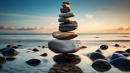 Sea stones stand on top of each other as a concept of harmony