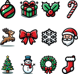 Cute Simple Christmas Vector  Icons Set Sheet - Christmas Decorations Ornaments Bundle. Santa, Reindeer, Bow, Present, Gift, candy Cane, Snowman, Wreath, holly berry, and a stocking icon.
