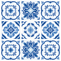 Blue watercolor seamless pattern  of azulejos tiles 