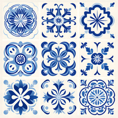 Blue watercolor seamless pattern  of azulejos tiles 