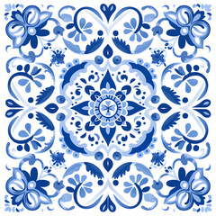 Blue watercolor seamless pattern  of azulejos tiles 