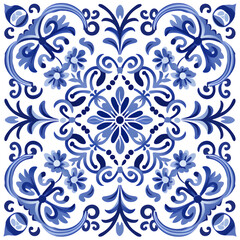 Blue watercolor seamless pattern  of azulejos tiles 