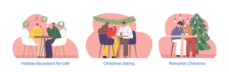 Isolated Elements Romantic Couples In Cozy Christmas Cafe, Share Warm Moments By Twinkling Lights And Sip Cocoa