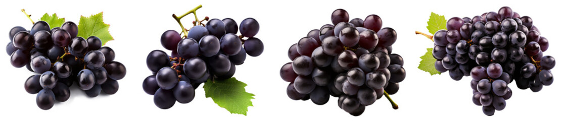 Fototapeta premium Bunch of ripe dark blue grapes isolated on transparent background. View from above