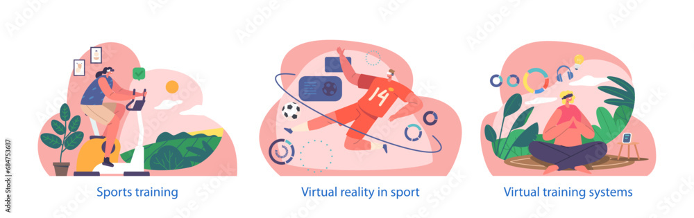 Aufkleber isolated elements with characters immerse in virtual reality sport training, where realistic simulat