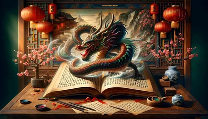 Fotobehang Nouvel An lunaire Chinois 2024: Dragon, Feu d'Artifice, Rouge, Lanterne, Bonheur, et Célébrations Culturelles Traditionnelles © Christophe