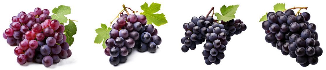 Fototapeta premium Bunch of ripe dark blue grapes isolated on transparent background. View from above