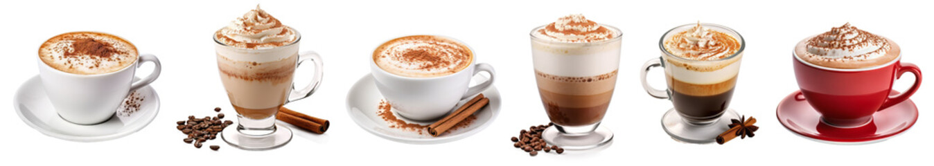 Collection of hot coffee cappuccino latte art isolated on transparent background - obrazy, fototapety, plakaty
