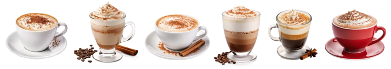 Foto auf Acrylglas Collection of hot coffee cappuccino latte art isolated on transparent background © Mrs__DoubleF
