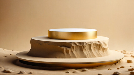 Multilayer round sand pedestal with a golden frame on a sand base. - obrazy, fototapety, plakaty
