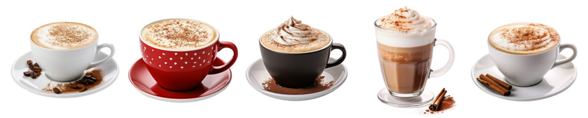 Collection of hot coffee cappuccino latte art isolated on transparent background