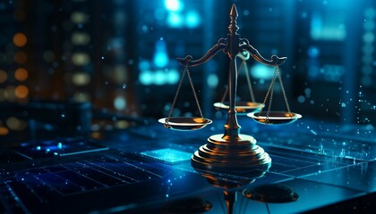 Digital scales of justice on digital background. 3d illustration. Law and justice concept. Law and justice theme with scales of justice. 3d rendering.