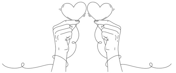 Valentines day theme vector Line art design with hand holding heart ballon