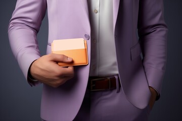 Man in a violet suit holding a mockup credit card while standing with gray background in the studio. Space for text. Business and finance concept