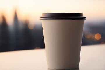 Plastic coffee cup in evening city bokeh background. Mock up