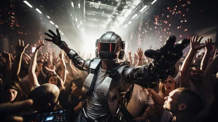   robots, androids, and humans thriving in dance at a futuristic party © cristian