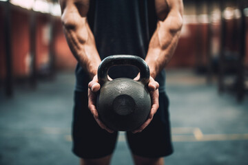 Fototapeta na wymiar Crossfit or Cross Training – Sports that aim to improve physical and respiratory capacity, conditioning and muscular endurance through high-intensity exercises and training. Kettlebell