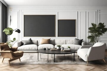 Fototapeta na wymiar stylish living room interior with mockup frame poster modern interior design 3D render 3D illustration