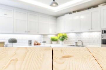 Wooden desk for decoration at kitchen background interior.