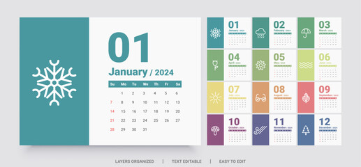 Monthly calendar template for 2024 year. The week starts on Sunday. - obrazy, fototapety, plakaty