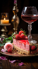 Fototapeta na wymiar Sweetheart cheesecake topped with fresh strawberries, elegantly paired with a glass of red wine, perfect for a romantic evening.